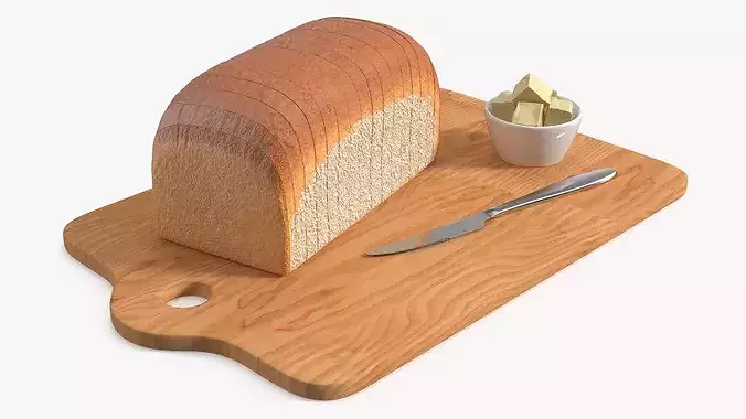 Slices of White Bread with Butter on Wooden Board 3D model