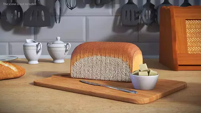 Slices of White Bread with Butter on Wooden Board 3D model 2