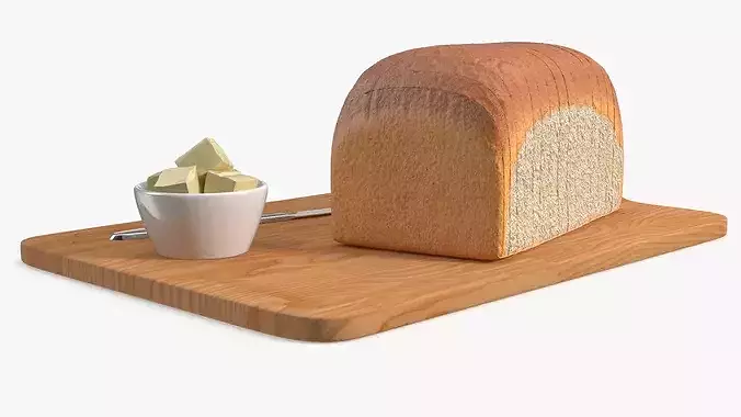 Slices of White Bread with Butter on Wooden Board 3D model 3