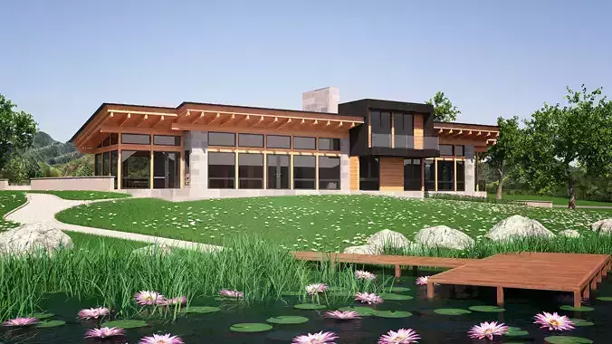 Wooden Lakeside House in a Natural Landscape 3D model