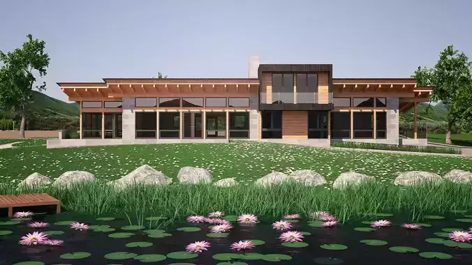 Wooden Lakeside House in a Natural Landscape 3D model 2