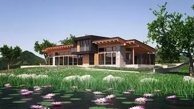 Wooden Lakeside House in a Natural Landscape 3D model 3