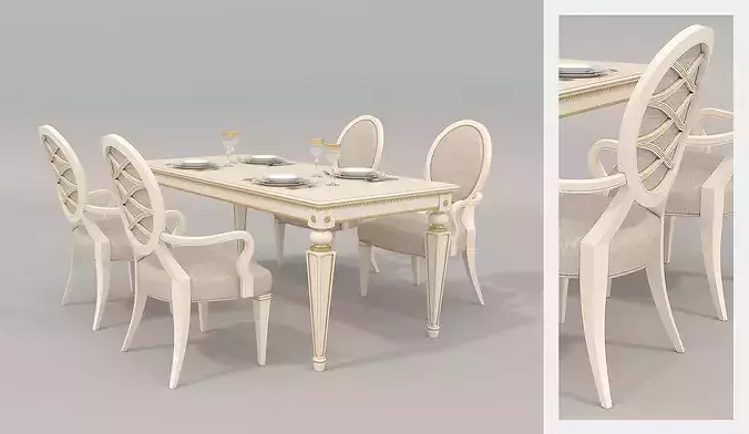Royal European Carved Dining Table and Chairs 3 3D model