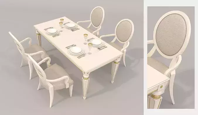 Royal European Carved Dining Table and Chairs 3 3D model 2