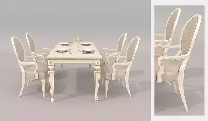 Royal European Carved Dining Table and Chairs 3 3D model 3