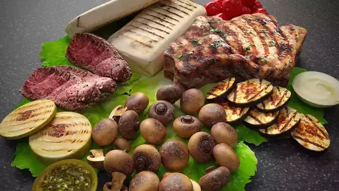 Grilled stake with vegetables 3D model