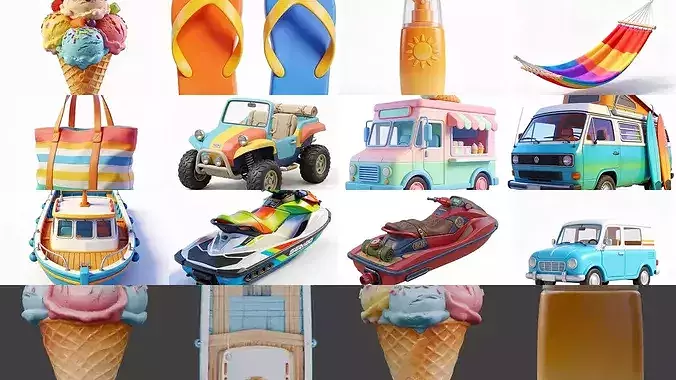 Stylized Tropical Summer Fun 3D Collection 3D Model Pack 2